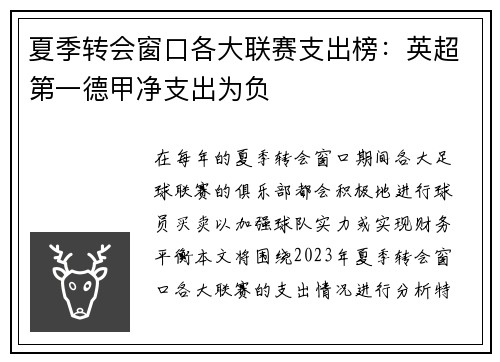 夏季转会窗口各大联赛支出榜:英超第一德甲净支出为负