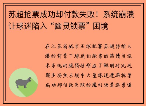 苏超抢票成功却付款失败！系统崩溃让球迷陷入 “幽灵锁票” 困境